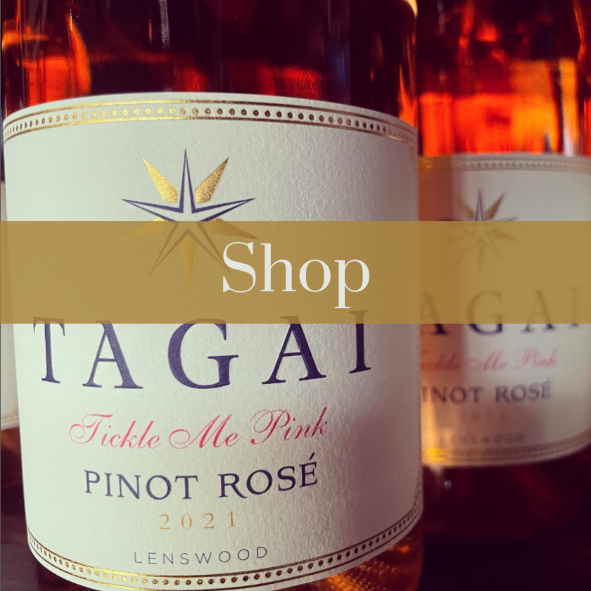 2 bottles of Tagai Tickle Me Pink Rose. Overlaid text reads Shop.